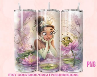 Princess Tiana Watercolor 20oz Skinny Tumbler Template PNG, Princess and the Frog Coffee Skinny Tumbler Wrap Design PNG
