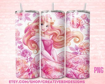 Princess Aurora Pink Roses 20oz Skinny Tumbler Template PNG, Sleeping Beauty Coffee Skinny Tumbler Wrap Design PNG