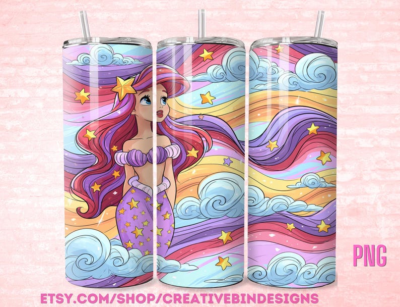 May include: A cylindrical tumbler featuring a cartoon mermaid with long red hair, a purple seashell top, and a purple tail. The design includes a colorful sky background with swirling blue clouds, yellow stars, and flowing rainbow-colored ribbons.