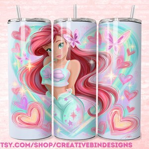 Modèle PNG de gobelet maigre 20 oz princesse Ariel coeur fantaisie PNG, la petite sirène feux d'artifice café gobelet skinny Wrap Design PNG image 1
