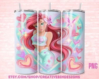 Princess Ariel Whimsy Heart 20oz Skinny Tumbler Template PNG, The Little Mermaid Fireworks Coffee Skinny Tumbler Wrap Design PNG