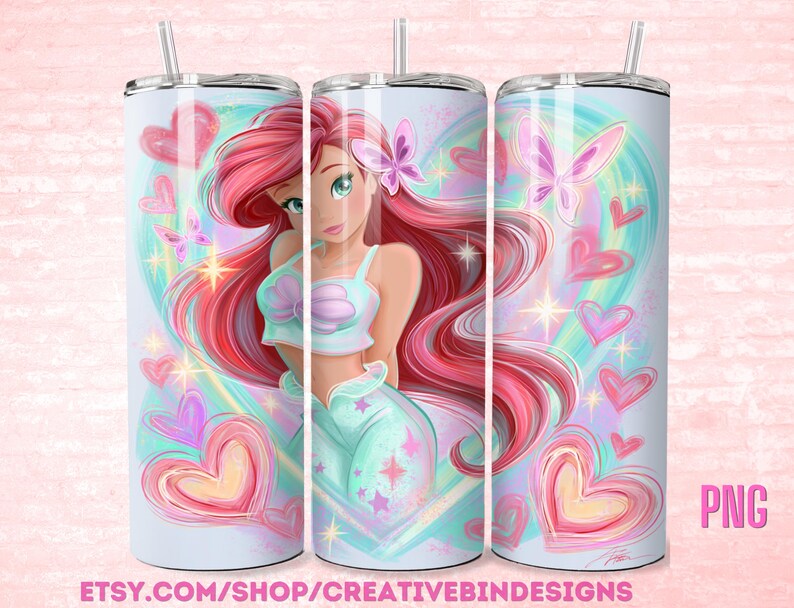 Modèle PNG de gobelet maigre 20 oz princesse Ariel coeur fantaisie PNG, la petite sirène feux d'artifice café gobelet skinny Wrap Design PNG image 1