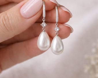 Sterlingzilveren druppelvormige pareloorbellen, elegante bruidshuwelijkssieraden