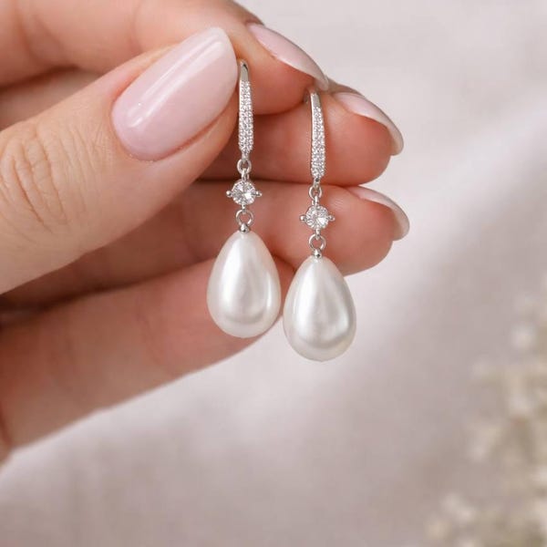 Sterling Silver Teardrop Pearl Earrings, Elegant Bridal Wedding Jewelry