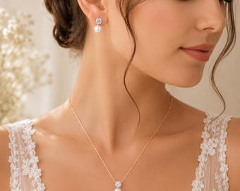 Minimalistische zoetwaterparel sieraden set, blad diamanten parelketting en oorbellen, bruids bruiloft sieraden set, bruidsmeisje cadeau, cadeau voor haar