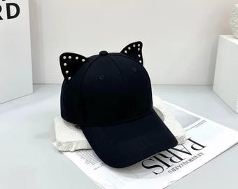 Kattenoorkapje met studs | Zwarte baseballpet voor dames | Strass vaderhoed