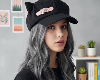 Zwarte pet Cat Ears | Geborduurde hoed in K-Pop-stijl | Kawaii-honkbalpet voor dames