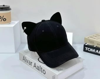 Baseballpet met kattenoren | Zwarte piercing Dad Hat | Accessoire in kawaii-stijl
