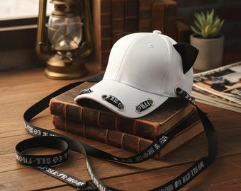 Baseballpet met kattenoor | Kpop-hoed met lange riem | Witte Dad-pet met metalen detail