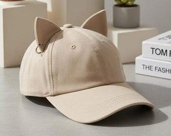 Baseballpet met kattenoor | Beige katoenen papa-hoed | Verstelbare zonnehoed met ring
