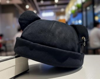 Dockerhoed met berenoor | Zwarte beanie met omgeslagen manchet | Streetwear kalotje