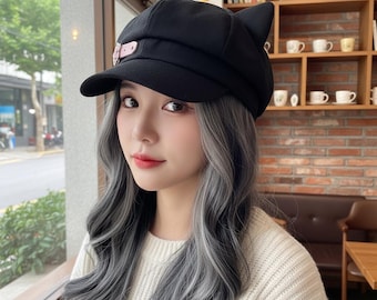 Krantenjongenspet Cat Ears | Zwarte bakkersmuts met gesp | Casual modehoed voor dames