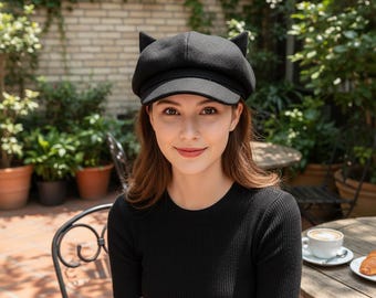 Zwarte krantenverkoperpet Cat Ears | Bakerboy-hoed voor dames, zachte stof