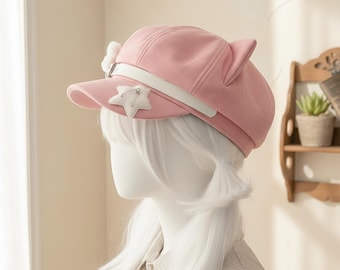 Roze bakkersmuts met witte sterspeld | Kawaii krantenverkoperpet voor dames