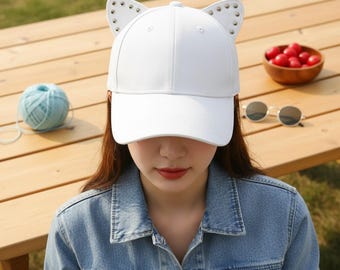 Baseballpet met kattenoortjes | Modeaccessoire van witte katoenmix