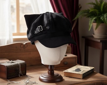 Krantenjongenspet Cat Ears | Hoed van zwarte wolmix | Baker Boy-baret voor dames