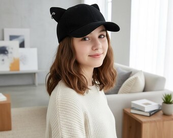 Baseballpet met zwarte kattenoren | Anime-modehoed met piercing