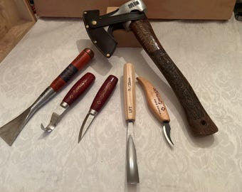 Juego de herramientas para tallar madera Hunters Hatchet, gancho, pelícano y cincel curvo de gubia recta