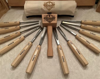 12 Gouge Carving Set W/ Mallet Case Hand Made Professionally Sharpened White Ash
