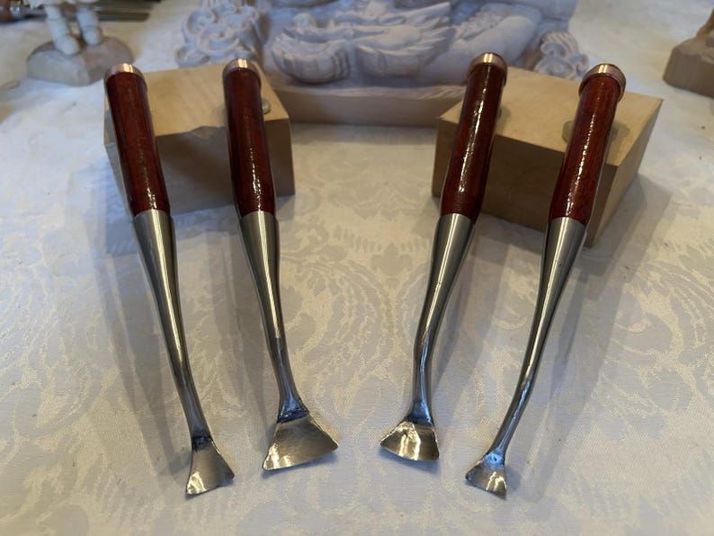 4 Dog Leg 45 Bent Fishtail Spoon Gouge Set # 7 / 30mm 25mm 20mm 15mm W/case image 1