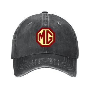 May include: A charcoal gray baseball cap with a pre-curved bill. The cap features a red and yellow MG logo on the front. The hat is made of a soft, worn material.