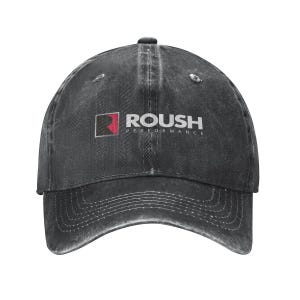 May include: A black, distressed baseball cap featuring the ROUSH PERFORMANCE logo in white and red. The cap has a curved brim and a six-panel design, with a faded, vintage look.