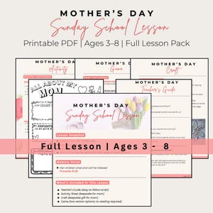 Op de afbeelding: Een afdrukbaar Moederdag Zondagsschool lespakket voor kinderen van 3-8 jaar. De PDF bevat een lerarengids, een werkblad, knutselwerkjes en een spel. Het lespakket heeft een bloemenontwerp en de tekst "Mother's Day Sunday School Lesson".