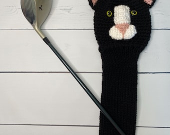 Knit Black Cat Golf Club Cover, Handmade