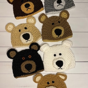 Crocheted Teddy Bear Hat, Polar Bear Hat, Grizzly Bear Skull Hat, Brown Bear Beanie, Back Bear Hat, Crocheted Adult Bear Beanie