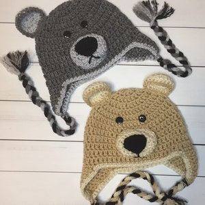 Crochet Teddy Bear Hat, Adult Crochet Hat, Grey Bear Hat, Buff Bear Hat, Crocheted Bear Hat, Toddler Hat, Gift for Toddler, Gift for Baby