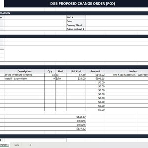 Construction Proposed Change Order Template Excel | PCO Form, Cost Breakdown, Schedule Impact