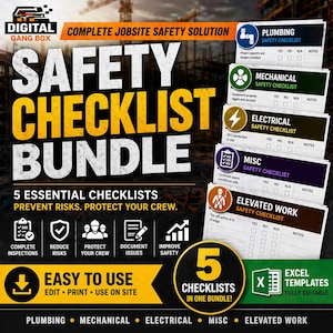 Op de afbeelding: Een bundel van 5 veiligheidschecklists voor bouwplaatsen. De afbeelding toont de tekst "Safety Checklist Bundle" met checklists voor loodgieterswerk, mechanica, elektriciteit, diverse en werkzaamheden op hoogte. De checklists zijn ontworpen om risico's te voorkomen.