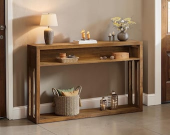 Rustic Brown Console Table with LED Lights – Narrow Entryway Table, Slim Sofa Table with Shelf, Modern Hallway Table Storage
