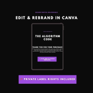 Puede incluir: Gr&aacute;fico digital con el texto "EDIT & REBRAND IN CANVA" y "THE ALGORITHM CODE". Una maqueta de tableta muestra un mensaje de agradecimiento y un bot&oacute;n para acceder a las plantillas. El gr&aacute;fico tambi&eacute;n incluye el texto "PRIVATE LABEL RIGHTS INCLUDED".