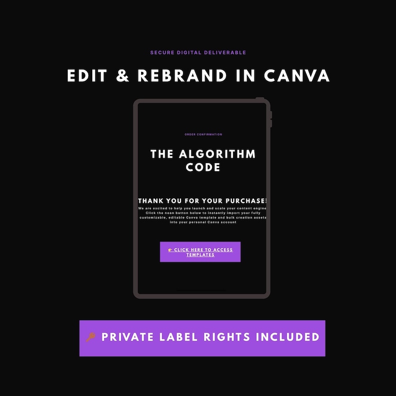 Puede incluir: Gr&aacute;fico digital con el texto "EDIT & REBRAND IN CANVA" y "THE ALGORITHM CODE". Una maqueta de tableta muestra un mensaje de agradecimiento y un bot&oacute;n para acceder a las plantillas. El gr&aacute;fico tambi&eacute;n incluye el texto "PRIVATE LABEL RIGHTS INCLUDED".