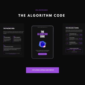 Puede incluir: Un paquete de productos digitales titulado "The Algorithm Code" con un tema oscuro. La imagen central es una tableta que muestra el título y un gráfico de cubo 3D. Las páginas adjuntas detallan las cuadrículas de ritmo y las estrategias de embudo orgánico. Un banner púrpura en la parte inferior dice "PDF Playbook & Editable Canva Template."