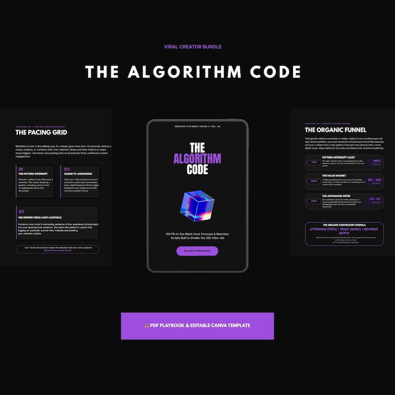 Puede incluir: Un paquete de productos digitales titulado "The Algorithm Code" con un tema oscuro. La imagen central es una tableta que muestra el t&iacute;tulo y un gr&aacute;fico de cubo 3D. Las p&aacute;ginas adjuntas detallan las cuadr&iacute;culas de ritmo y las estrategias de embudo org&aacute;nico. Un banner p&uacute;rpura en la parte inferior dice "PDF Playbook & Editable Canva Template."