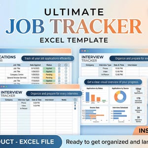May include: Digital Excel template titled "Ultimate Job Tracker." The design features a light blue and orange color scheme with icons and charts. The template includes sections for tracking applications, interviews, and job boards. Text includes "Instant Download."