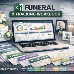 May include: A laptop displays a financial chart from the "Funeral & Tracking Workbook." The image includes a clipboard, flowers, and documents labeled "Budget Tracker," "Contacts," and "Order of Service." The workbook has 8 detailed sheets.
