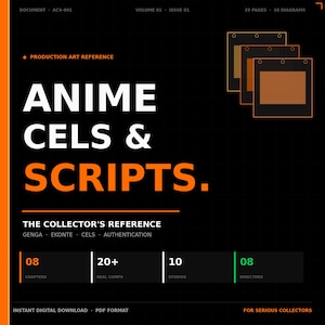 May include: A black and orange graphic design for a collector's reference guide. The title reads "ANIME CELS & SCRIPTS" in large white and orange text. The guide includes information on chapters, comps, studios, and directors. The document is available as an instant digital download.