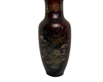 VTG Sato Gordon brown lacquer floral vase. Japanese satsuma style. chinosserie