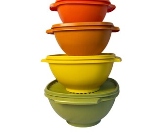 VTG Tupperware Autumn Harvest 4pc bowls & lids, graduated sizes. sunburst lids