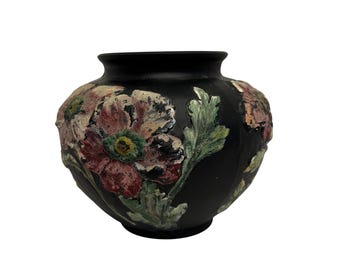 VTG Tiffin glass black satin vase. hand painted raised flowers. No markings