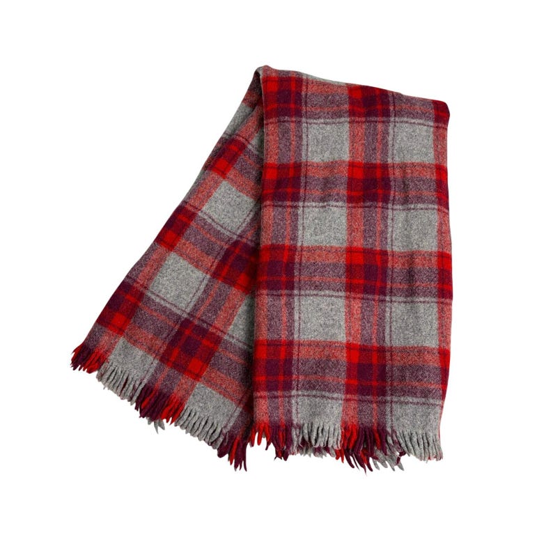 VTG gray red plaid tartan wool lap blanket. 41.5 x 46. Pendleton like. No tags image 1