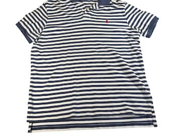 Koszulka polo VTG Ralph Lauren w niebiesko-białe paski. Wyblakłe. Czerwony kucyk. Rozmiar L. Elegancki, golf.