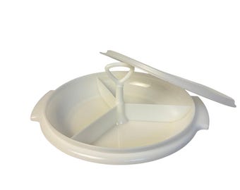 VTG Tupperware white Suzette small serving tray with handle, 3 slots. 608