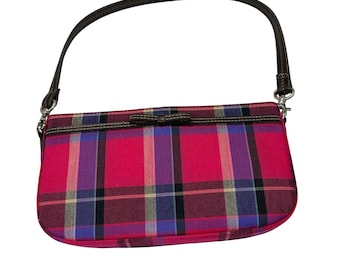 VTG NWOT Y2K Liz Claiborne pink plaid handbag. brown leather details. purse