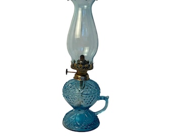 VTG antique blue glass diamond quilt oil lamp with chimney glass. Made Hong Kong