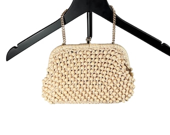 VTG Walborg cream beaded kiss clasp bag. Chain strap. Rattan weave. boho, 50s