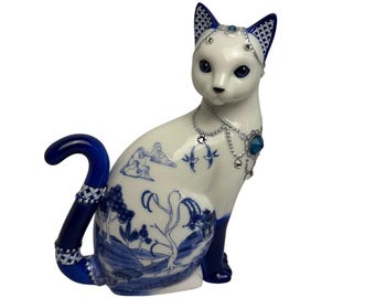 VTG Sparkling Blue Willow Cat porcelain with swarovski crystals. Figurine